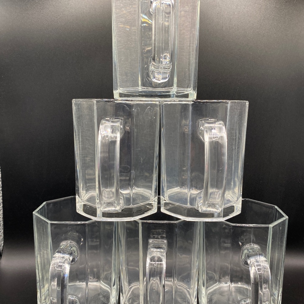 Arcoroc 8x coffee mugs, octagonal clear heat proof glass.  VTG 80s France